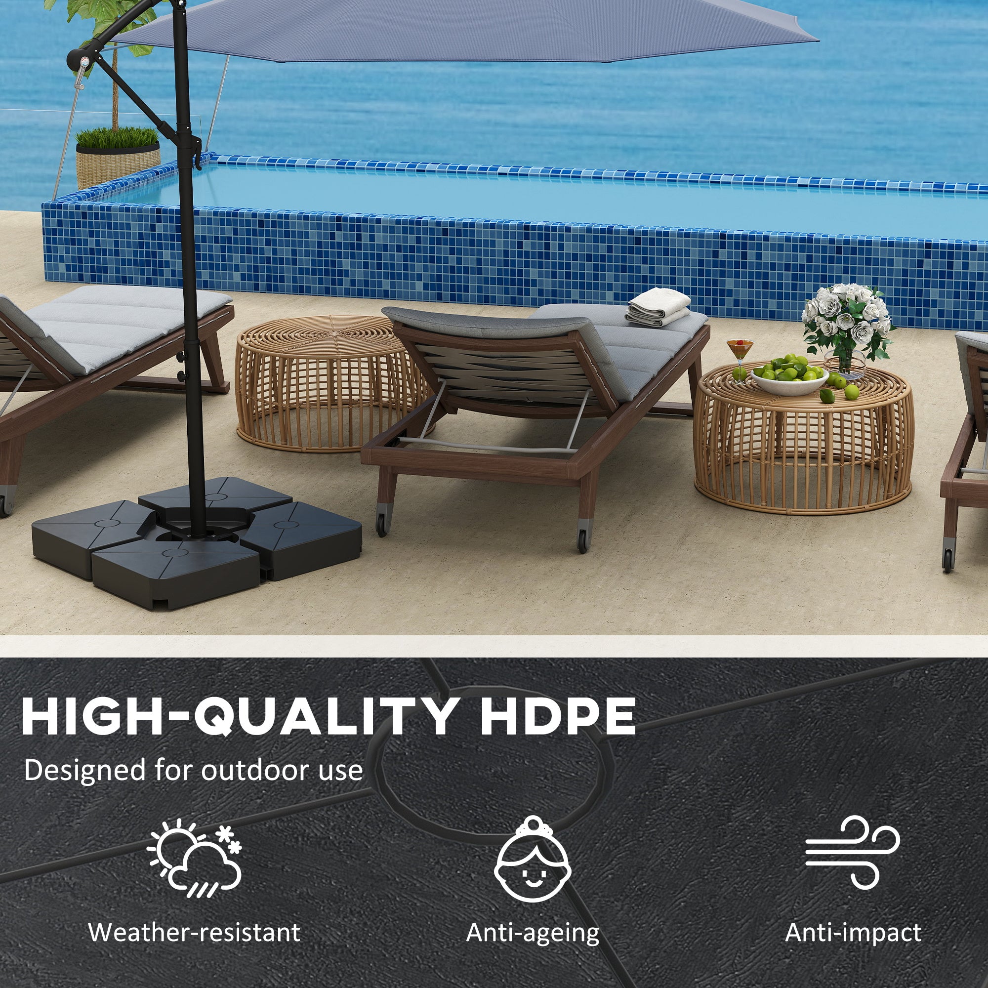 Outsunny Umbrella Weights for Cantilever Parasols, Set of 4 Heavy Duty Parasol Base Weights, 64kg Sand or 55kg Water Filled, Black