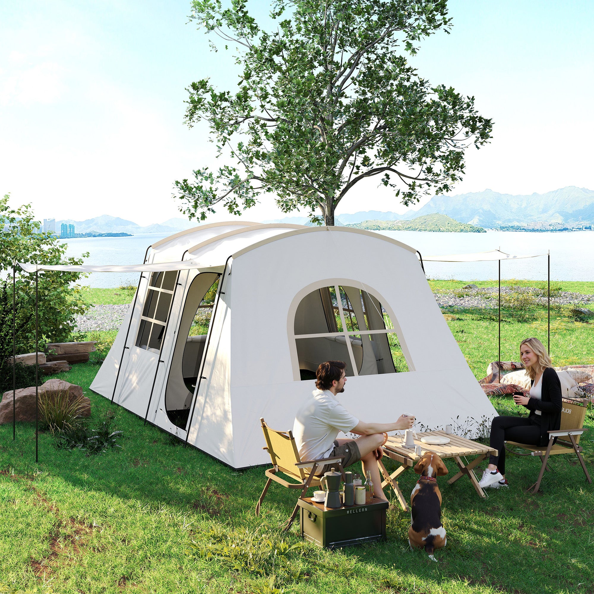 Outsunny 4 Man Tunnel Tent, Family Camping Tent with Porch, Bedroom and Living Area, Sewn in Groundsheet, 3000mm Waterproof, Portable with Bag for Hiking, Festival, Backpacking, Khaki