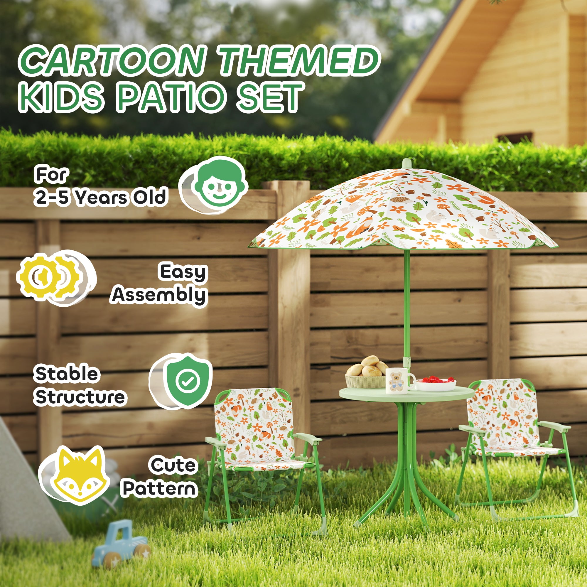 AIYAPLAY 4-Piece Kids Garden Table and Chair Set with Adjustable Parasol, Folding Chairs, Table, Nature Pattern, Green
