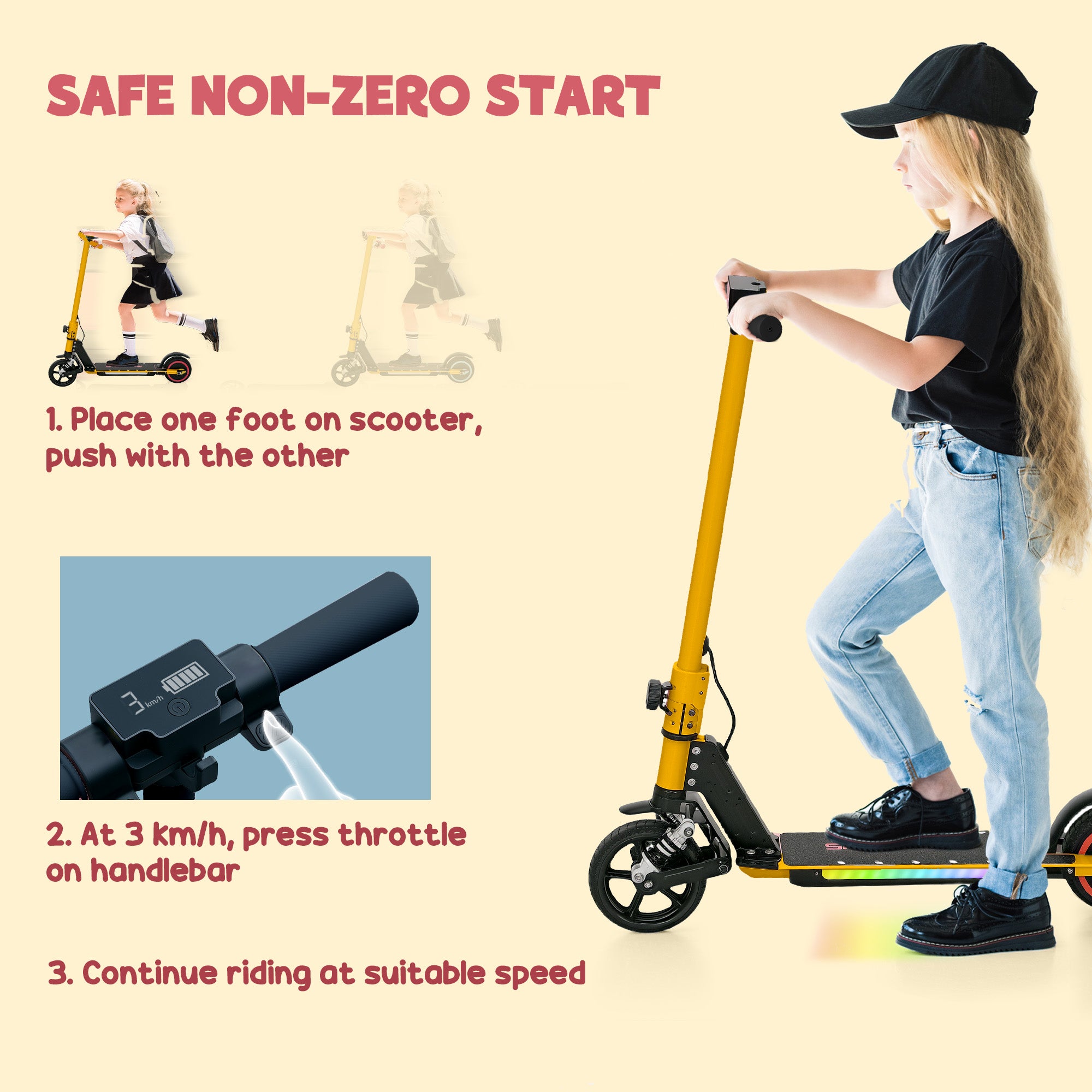SPORTNOW Folding Electric Scooter for Kids, with Dual Brakes, Front Suspension, LED Colourful Lights, Gold Tone