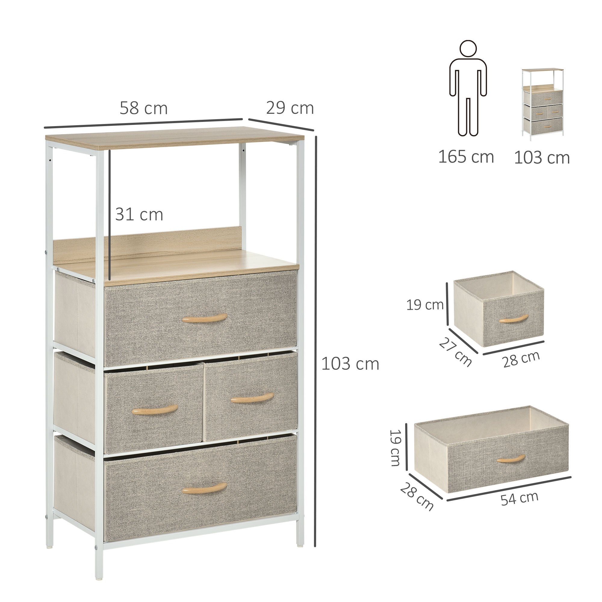 HOMCOM 4 Drawer Storage Chest Unit Home Cabinet w/ Shelves Home Living Room Bedroom Entryway Living Furniture, Light Grey
