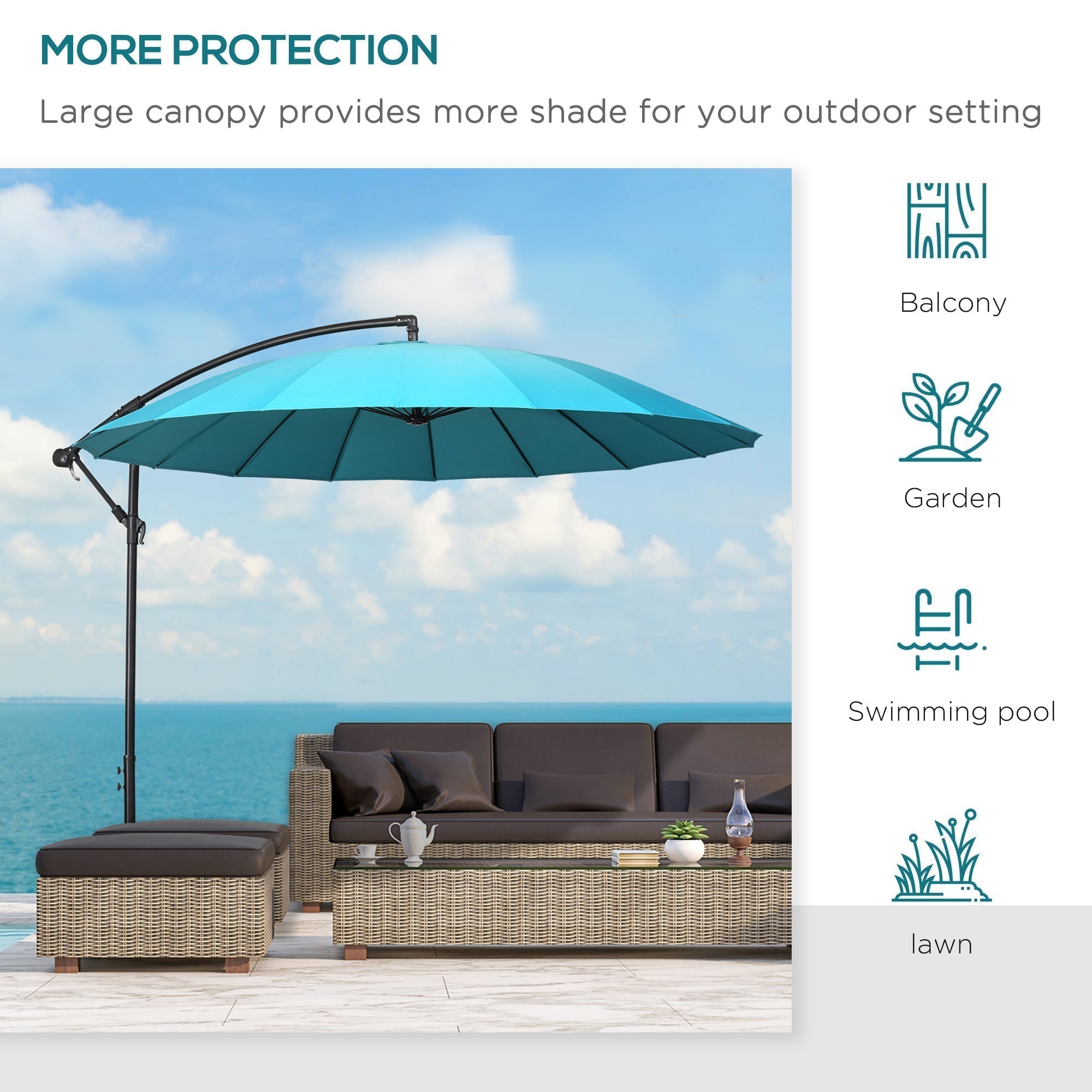 Outsunny 3(m) Cantilever Umbrella 18 Ribs & Vents Adjustable Angle for Patio Green