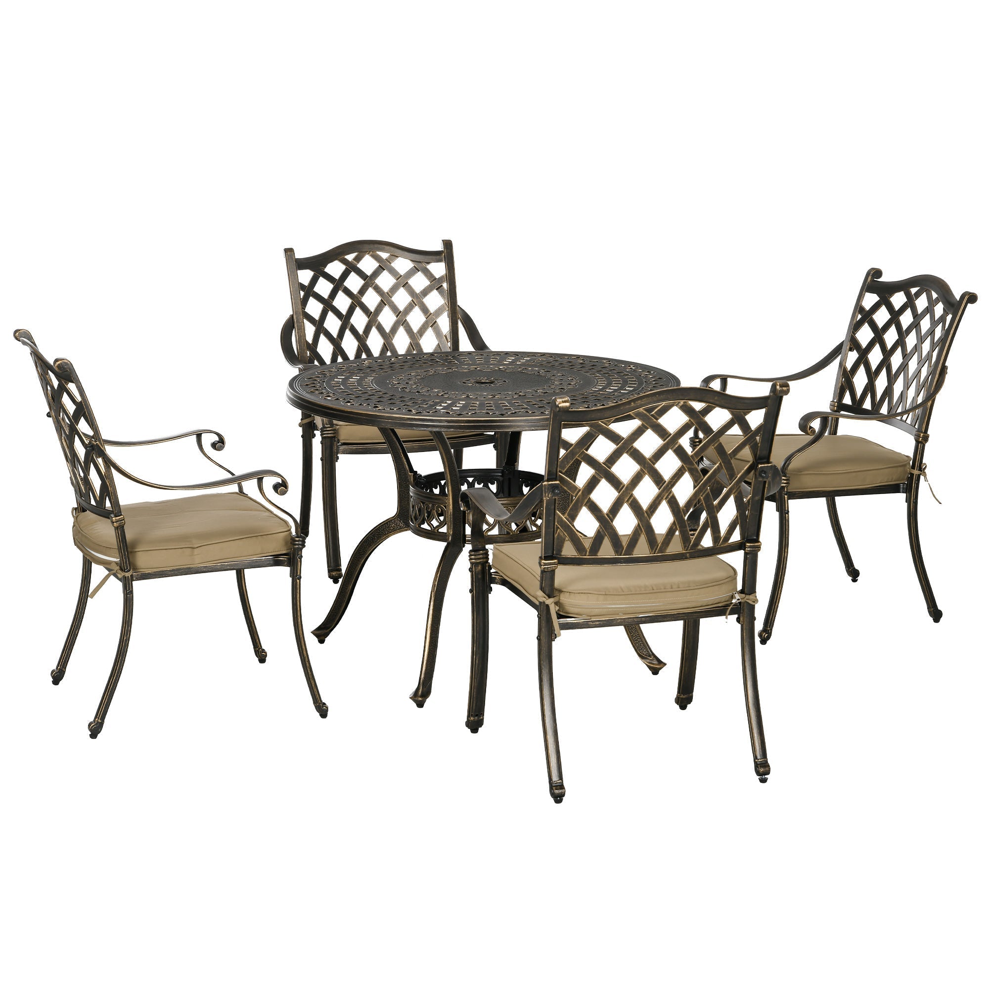 Outsunny 4 Seater Outdoor Dining Set Antique Cast Aluminium Garden Furniture Set with Cushions Round Dining Table with Parasol Hole, Bronze