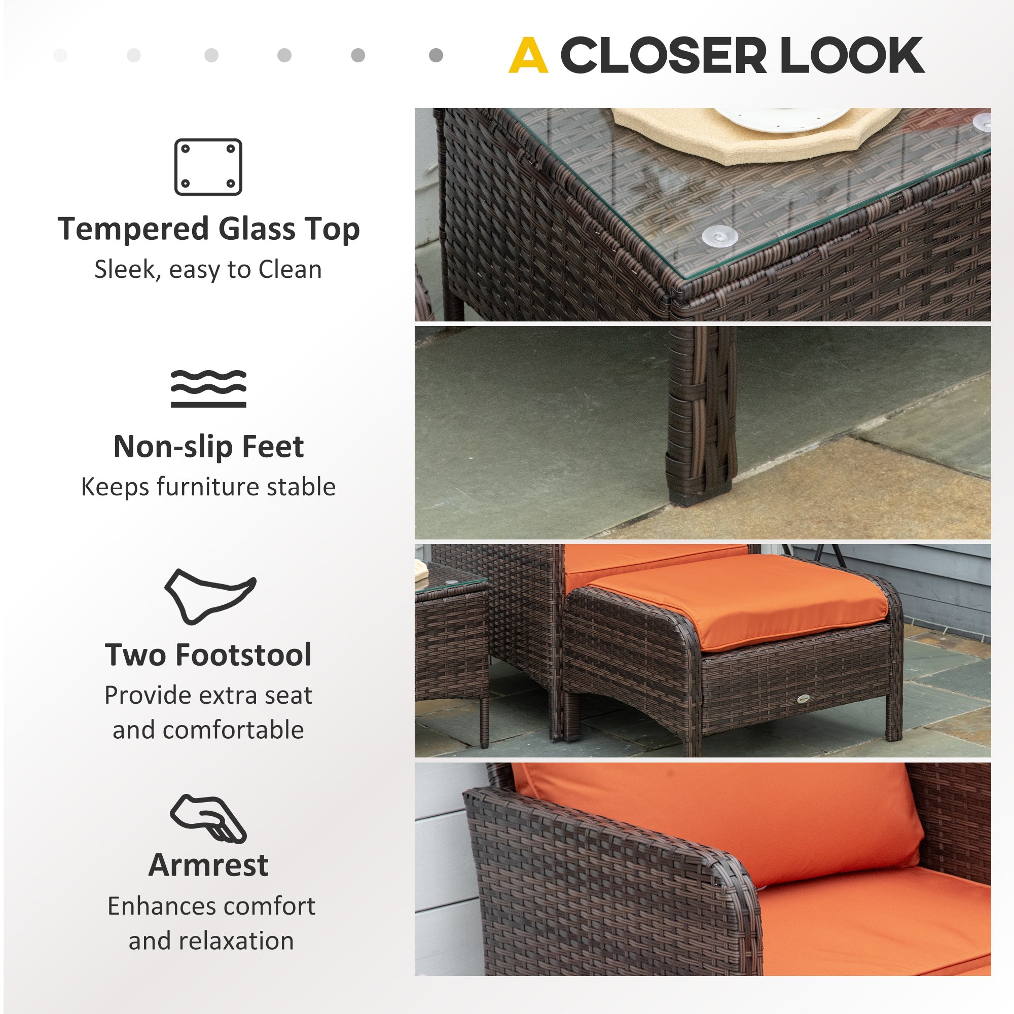 Outsunny 5 Pieces PE Rattan Garden Furniture Set with 10cm Thick Padded Cushions, Wicker Weave Outdoor Seating Chairs with 2 Armchairs, 2 Stools, Glass Top Table, Brown