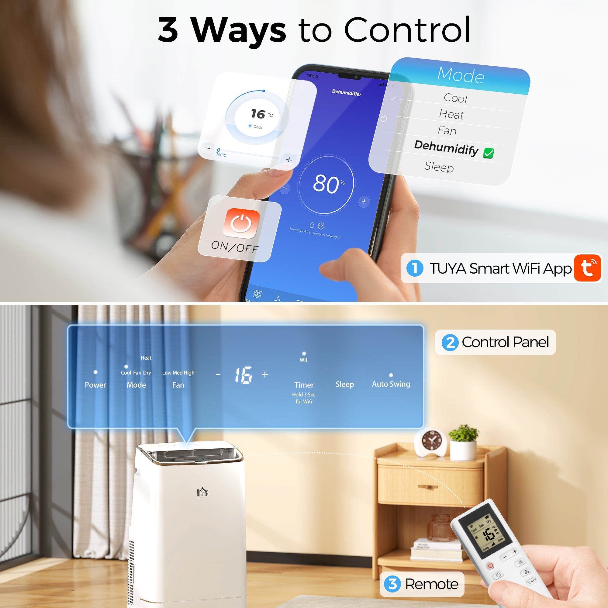 HOMCOM 14000 BTU Mobile Air Conditioner, 35mÂ², Smart Home WiFi, with Dehumidifier, Fan, 24H Timer, Window Kit, White