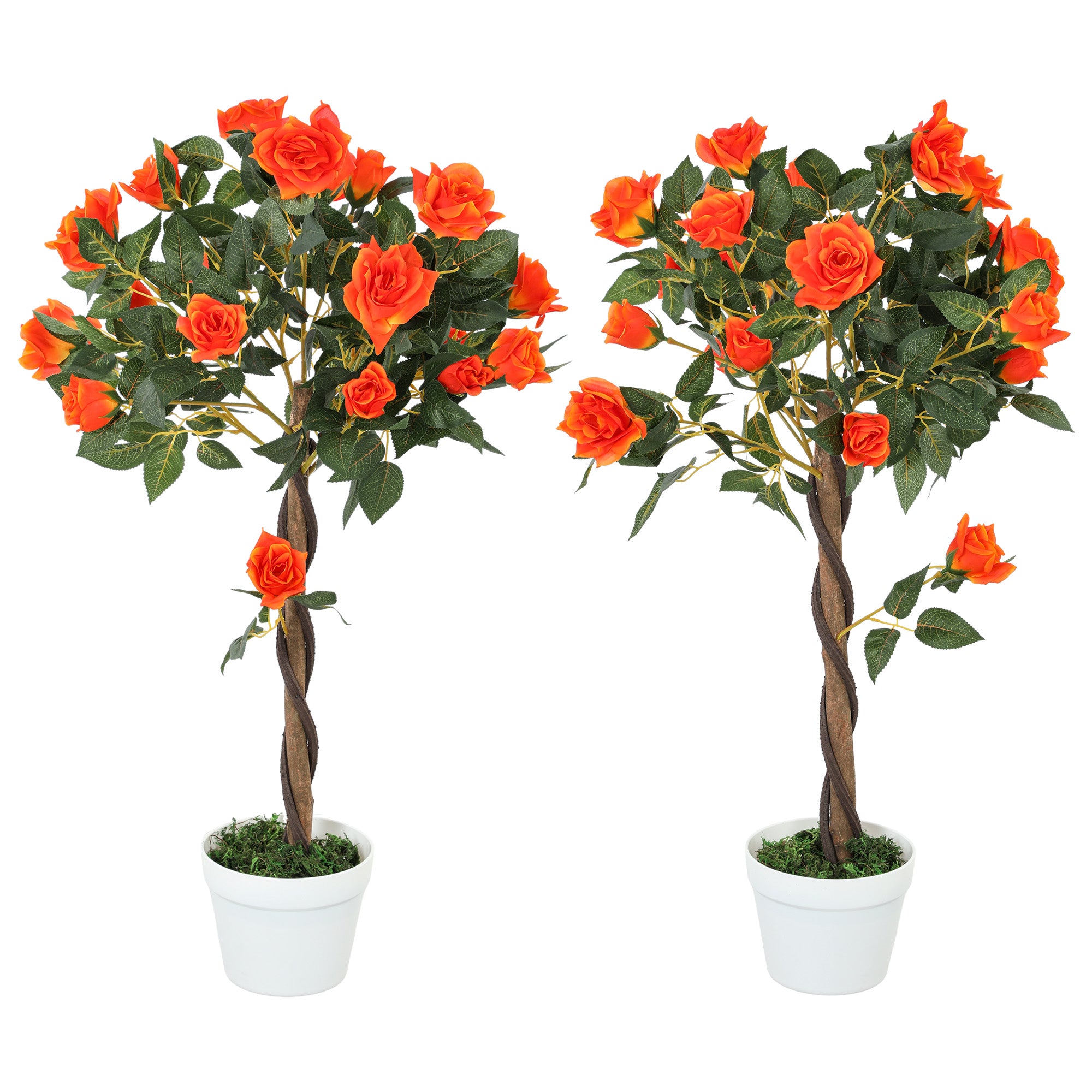 Outsunny Set of 2 Artificial Plants White Rose Floral in Pot, Fake Plants for Home Indoor Decor, 90cm, Orange