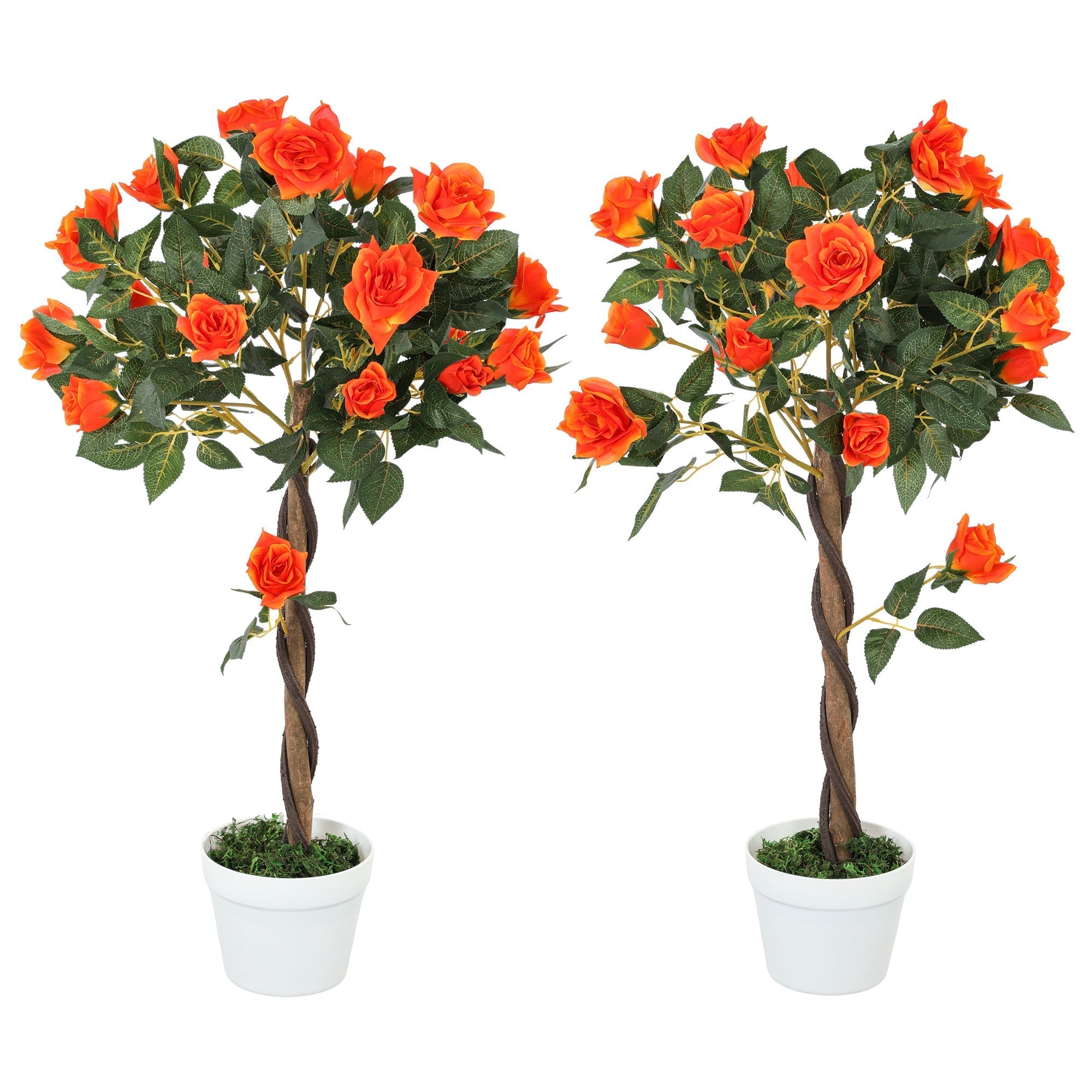 Outsunny Set of 2 Artificial Plants White Rose Floral in Pot, Fake Plants for Home Indoor Decor, 90cm, Orange