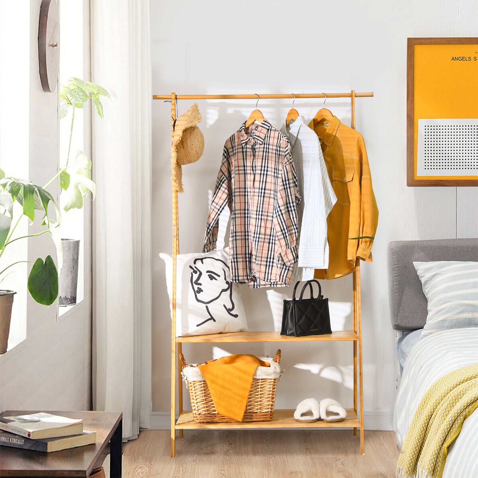 Bamboo Garment Rack with Hanging Rod 2 Shelves and Hooks-Natural