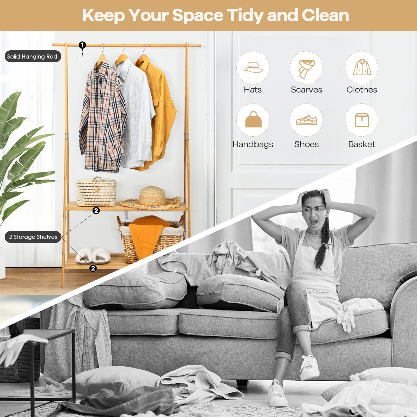 Bamboo Garment Rack with Hanging Rod 2 Shelves and Hooks-Natural