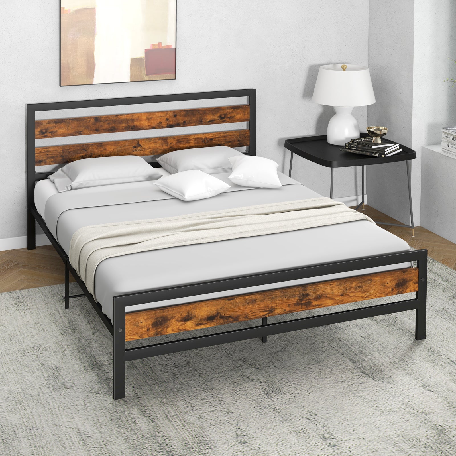 Double/King Size Bed Frame with Rustic Headboard and Footboard-King Size