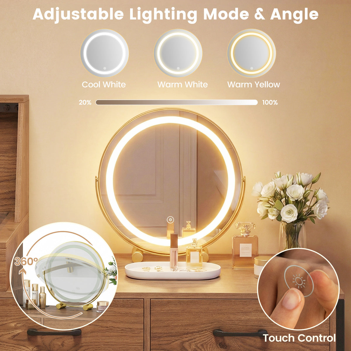 Vanity Desk with Mirror and Lights Makeup Vanity Table with 3 Lighting Modes-Natural