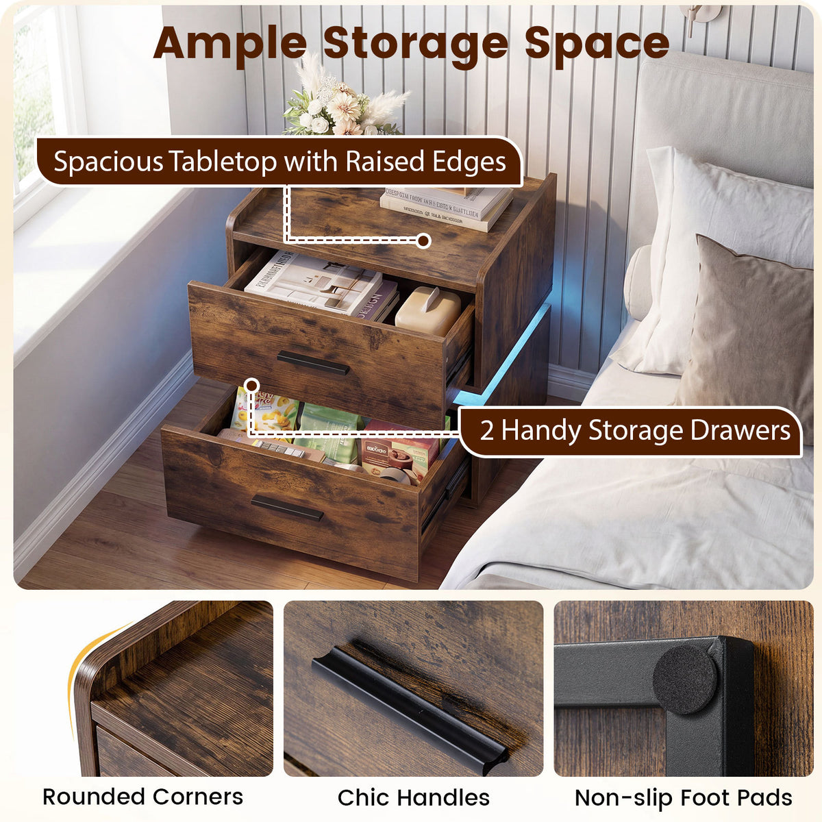 Nightstand with Charging Station and 2 Storage Drawers-Rustic Brown