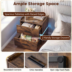 Nightstand with Charging Station and 2 Storage Drawers-Rustic Brown