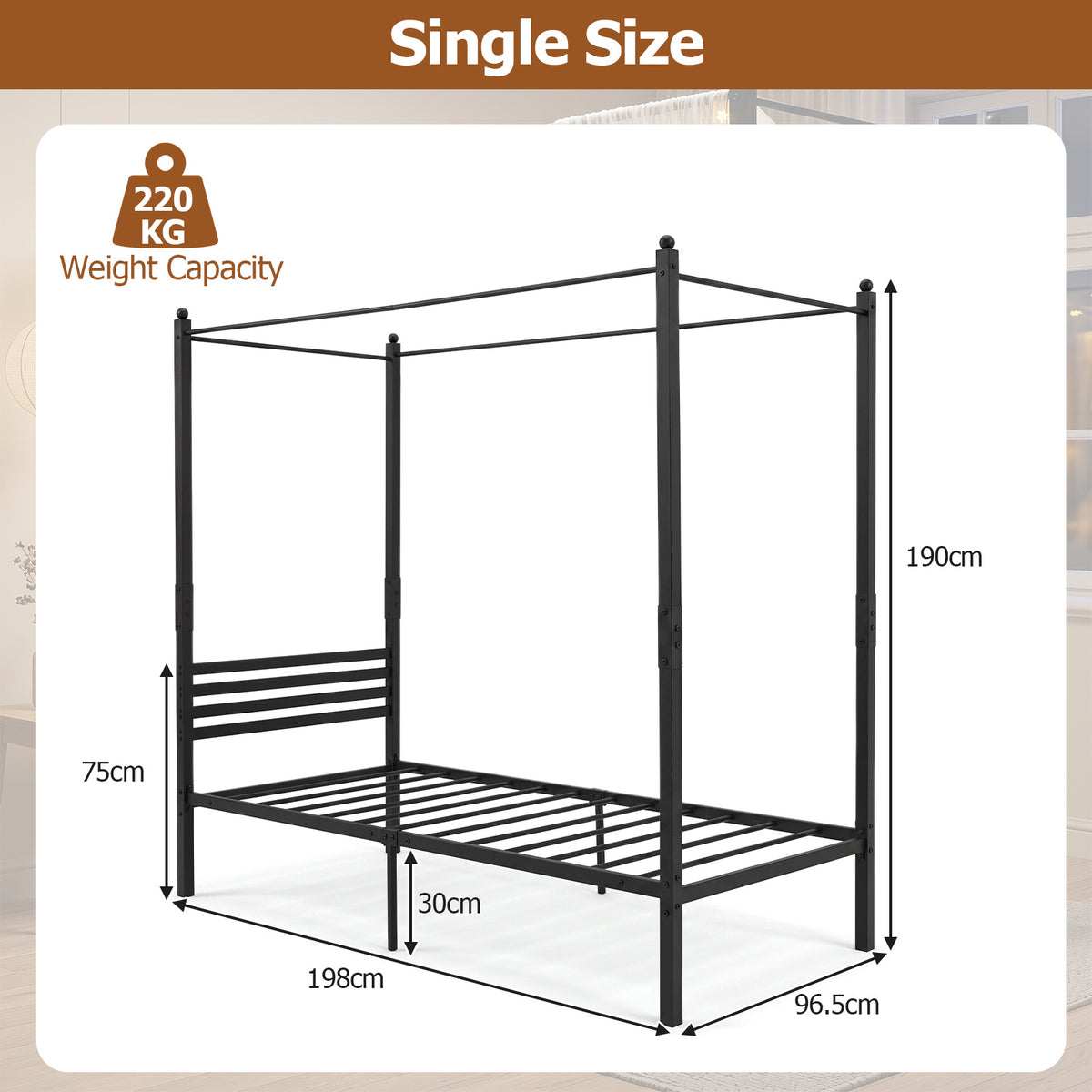 Canopy Bed Frame with 4-Poster and Headboard and Under-bed Storage-Black