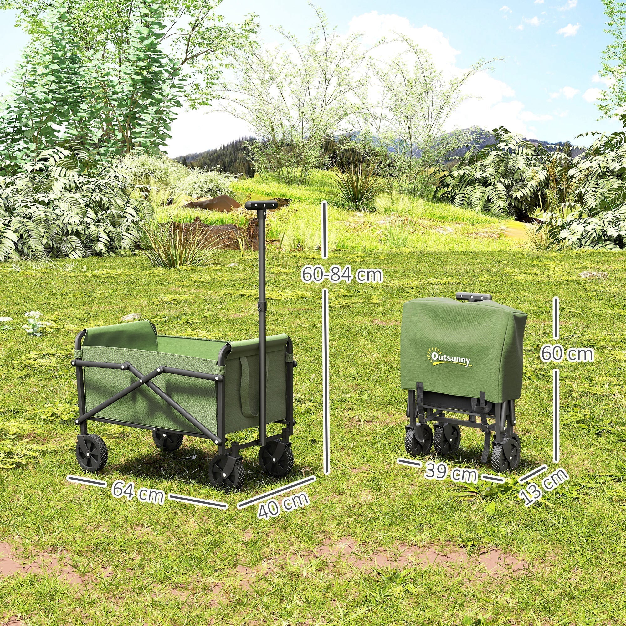 Outsunny 41L Festival Trolley on Wheels, Small Garden Folding Trolley Cart, 60kg Heavy Duty Collapsible Folding Wagon with Adjustable Handle and Carrying Bag for Beach, Camping, Festival, Green