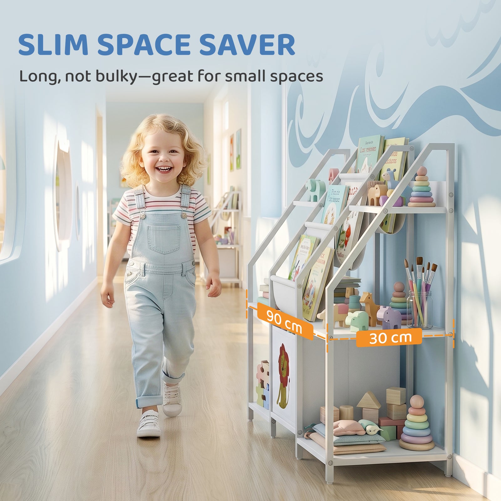 AIYAPLAY Kids Bookshelf and Toy Storage with 3-Tier Sling Book Rack and Fabric Drawer for Nursery, Bedroom, Playroom, White
