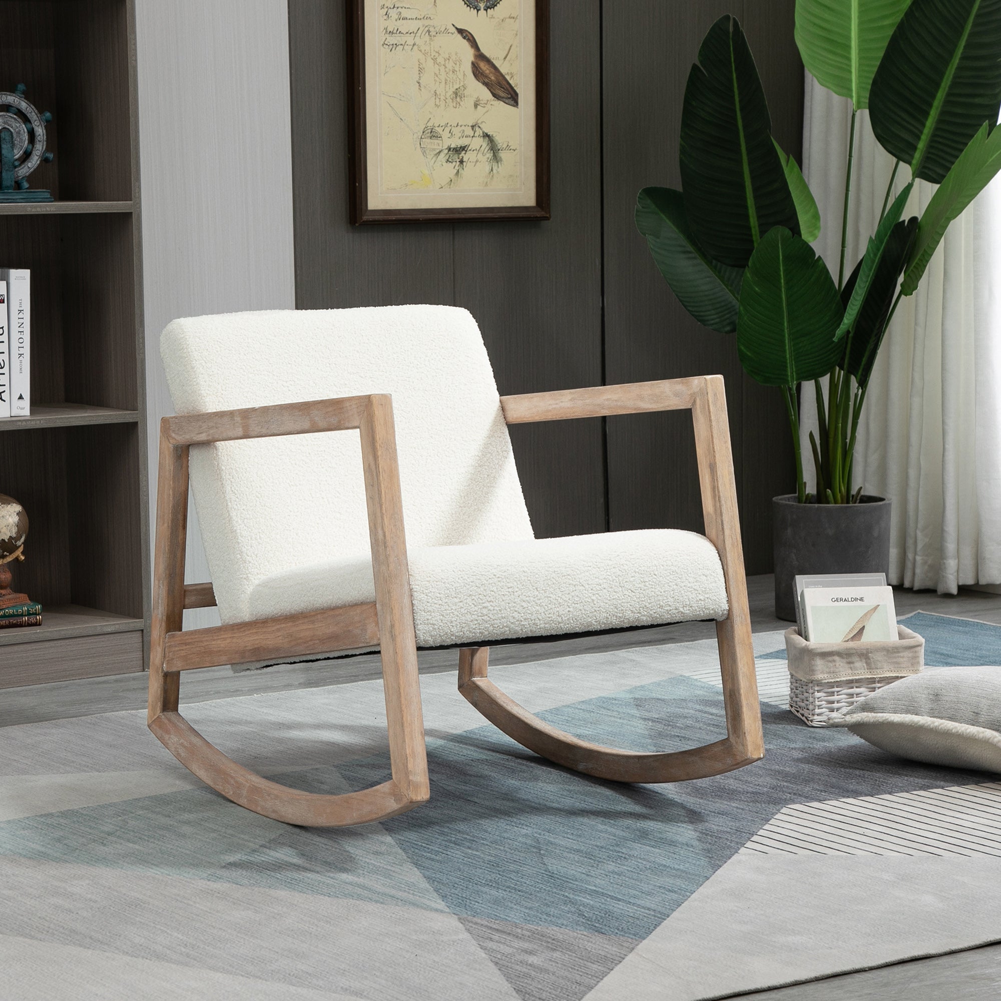 HOMCOM Rocking Chair, Upholstered Sofa Armchair with Cushion and Wood Base for Living Room and Bedroom, Cream White