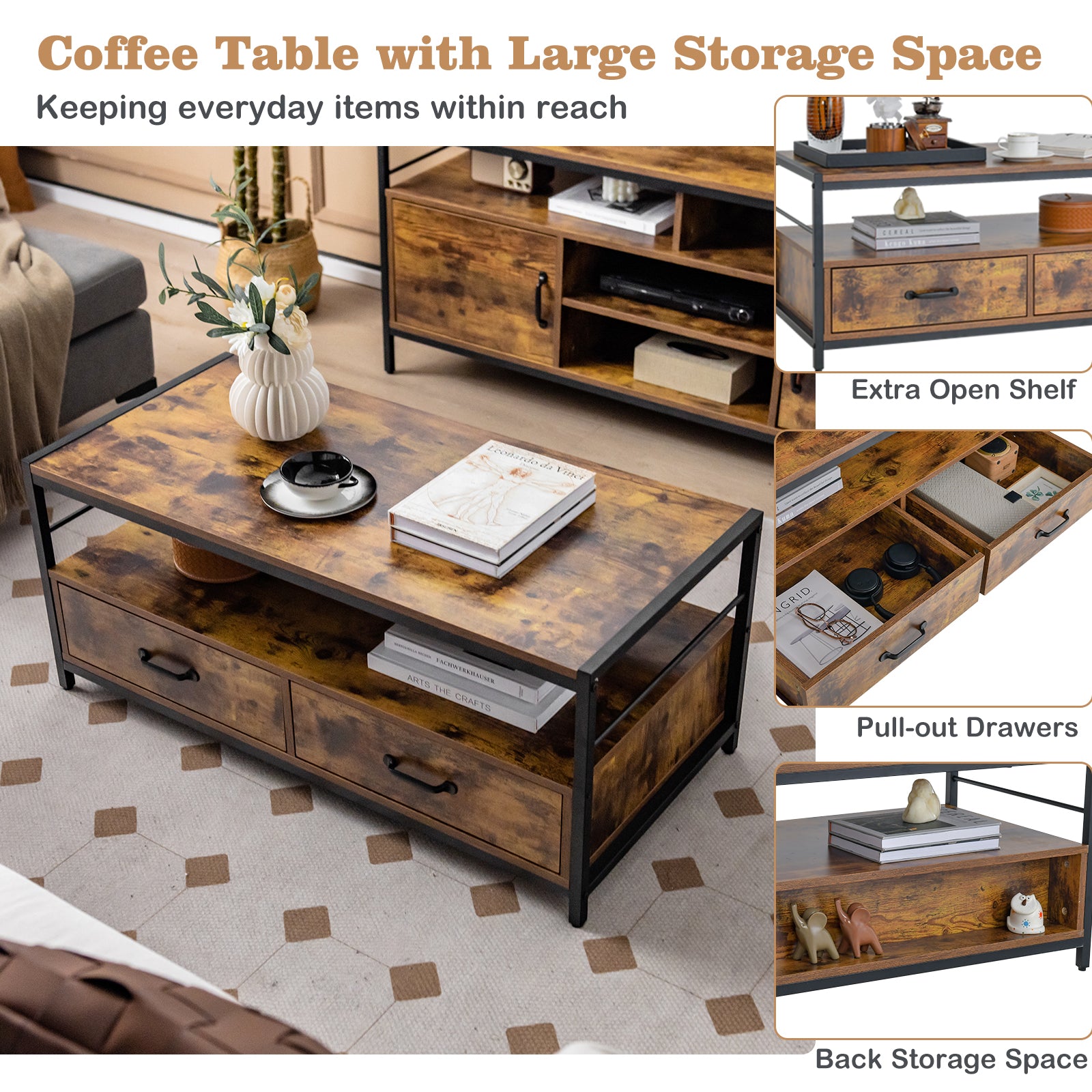 Coffee Table with Storage Drawers and Shelf-Rustic Brown