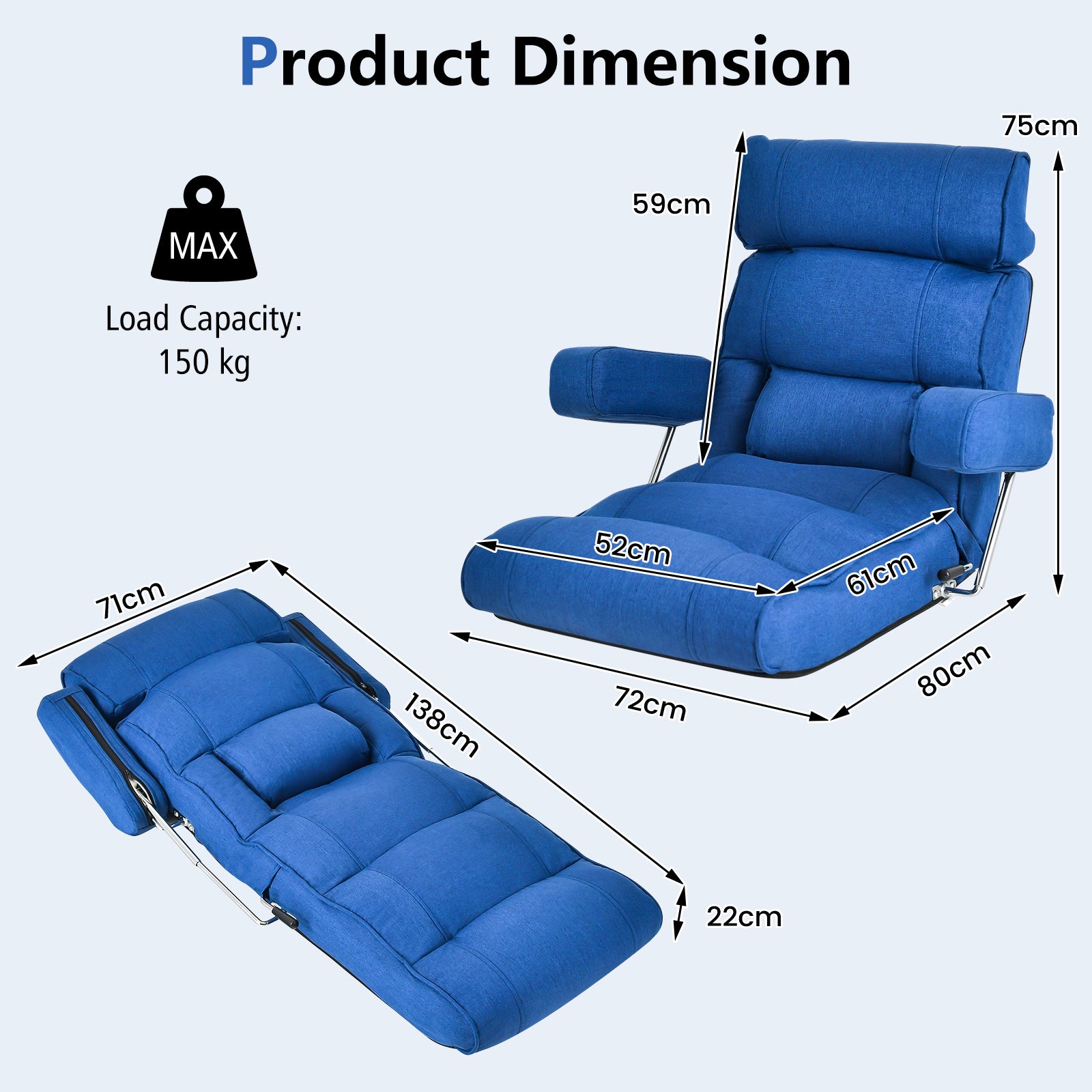 Ergonomic Sofa Lounger Chair with Stepless Adjustment Back-Blue
