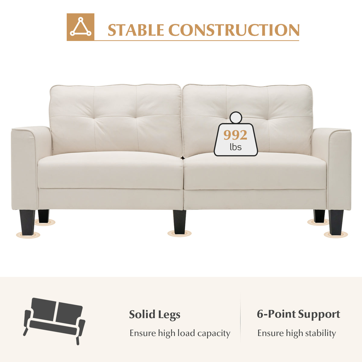 Modern Upholstered Corner Sofa Couch with 2 Removable Back Cushions-Beige