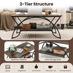 2-Tier Faux Marble Coffee Table with Golden Metal Frame-Rustic Brown