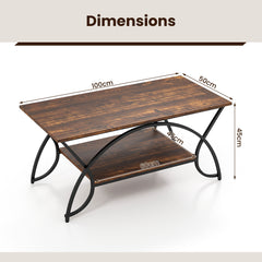 2-Tier Faux Marble Coffee Table with Golden Metal Frame-Rustic Brown