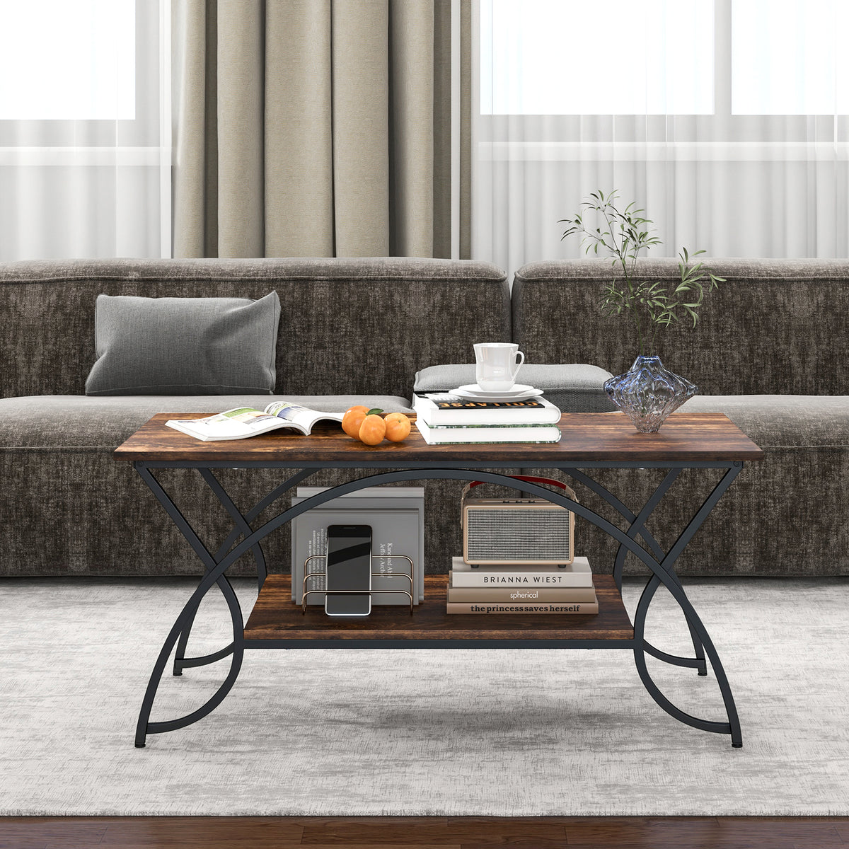 2-Tier Faux Marble Coffee Table with Golden Metal Frame-Rustic Brown