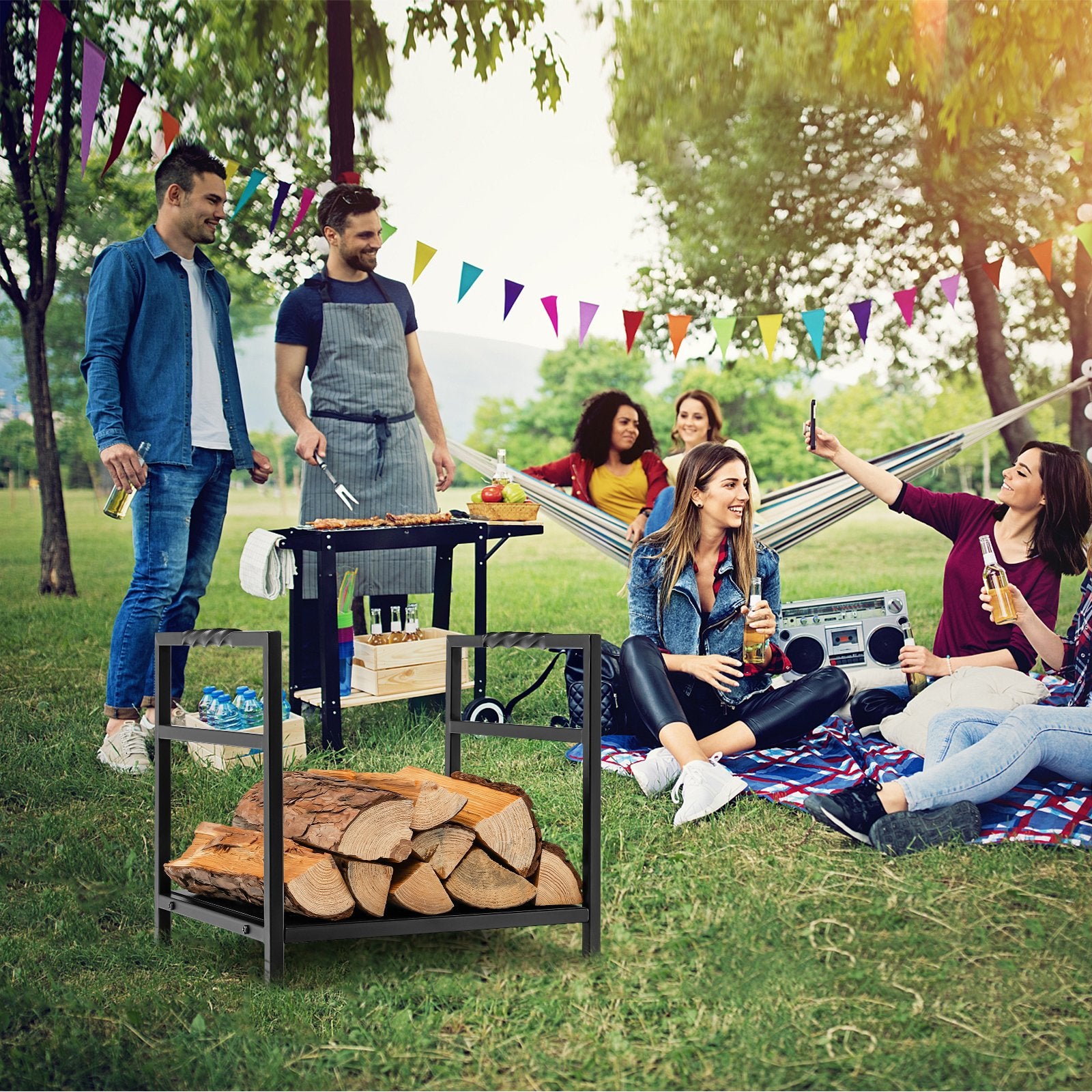 Firewood Log Rack with Solid Bottom Panel and Screw Thread Handle-Black