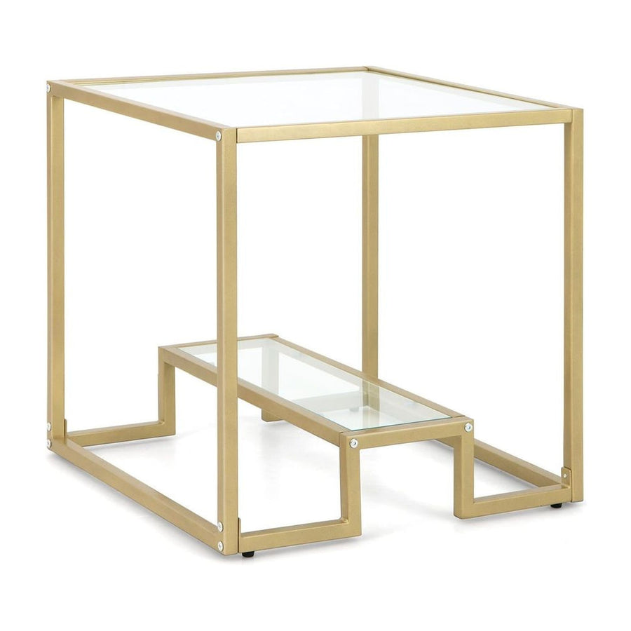 2-Tier Snack Table with Golden Metal Frame and Tempered Glass Tabletop