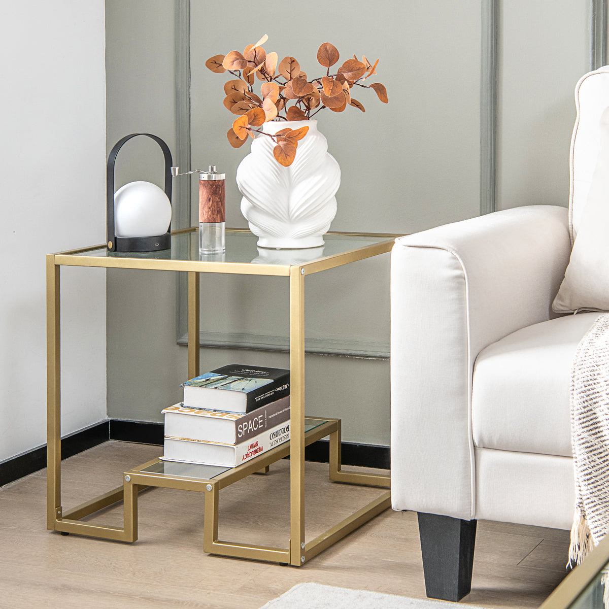 2-Tier Snack Table with Golden Metal Frame and Tempered Glass Tabletop