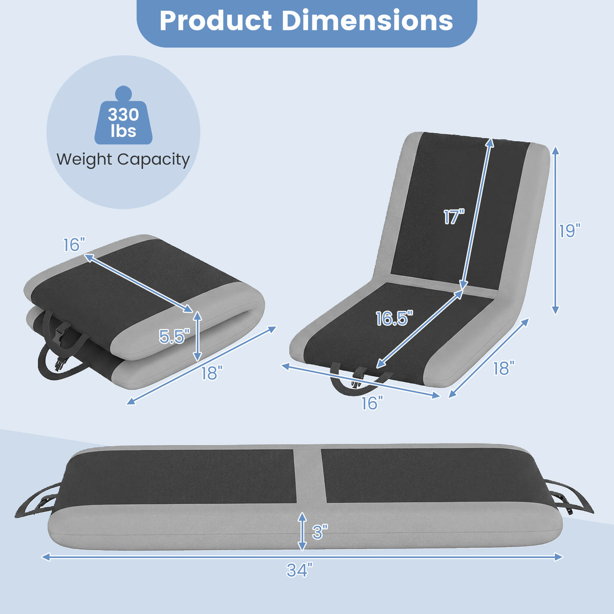 Padded Stadium Seat with Back Support and 6 Reclining Positions-Black