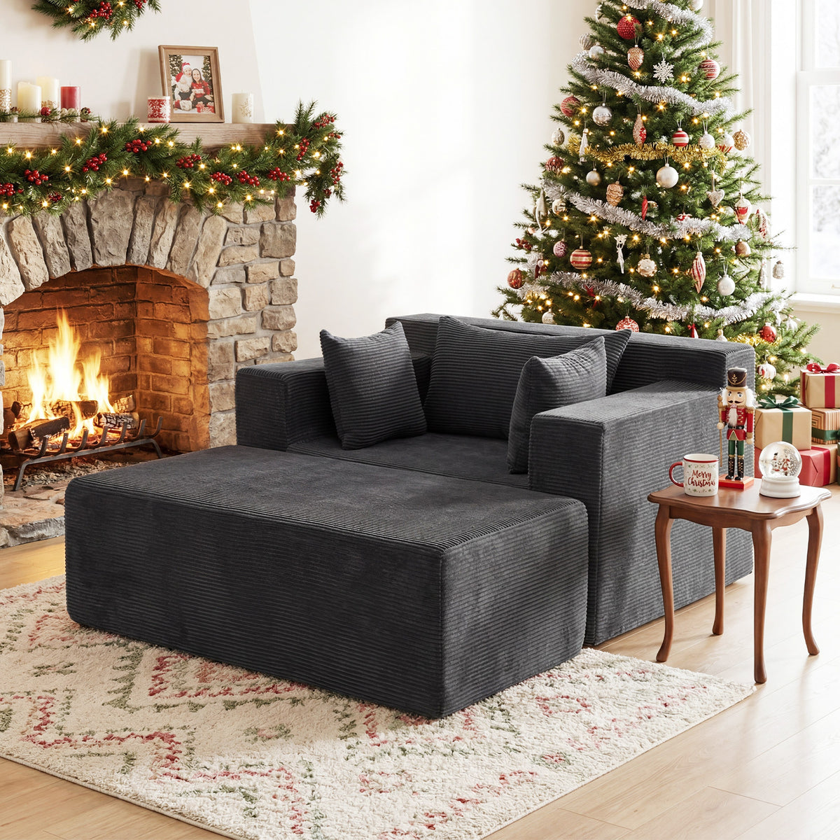 Single Foam Sofa with Ottoman and Pillows Bean Bag Chair No Assembly-Grey