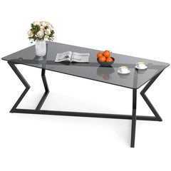 Rectangular Glass Coffee Table with Tempered Top and Metal Frame for Living Room-Grey&Black