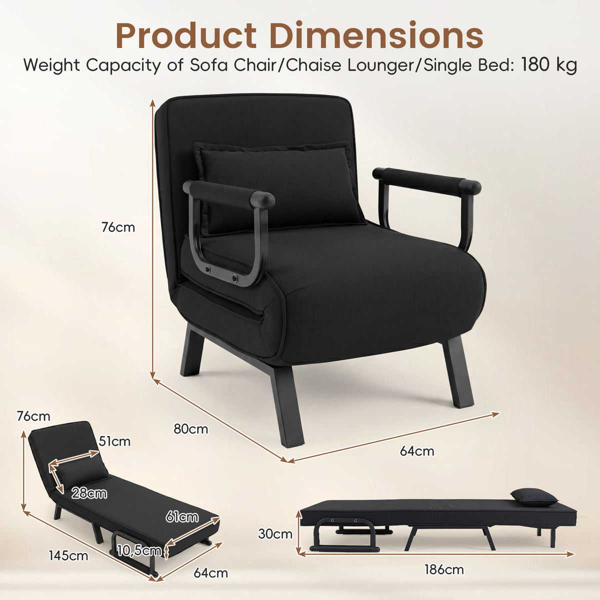 3-in-1 Folding Sofa Bed with Adjustable Backrest with Adjustable Backrest-Black