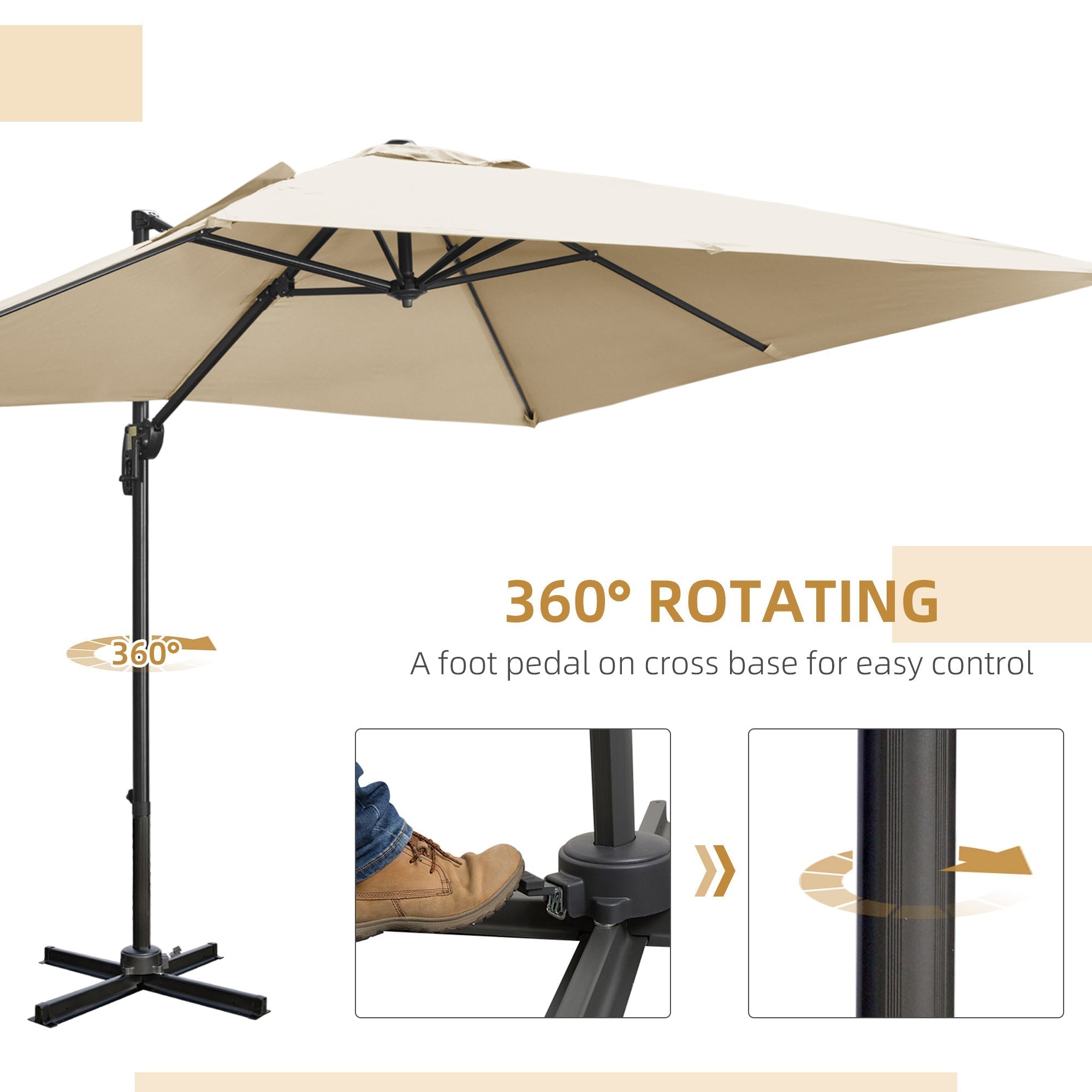 Outsunny 2.7 x 2.7 m Cantilever Parasol, Square Overhanging Umbrella with Cross Base, Crank Handle, Tilt, 360 Rotation and Aluminium Frame, Cream White