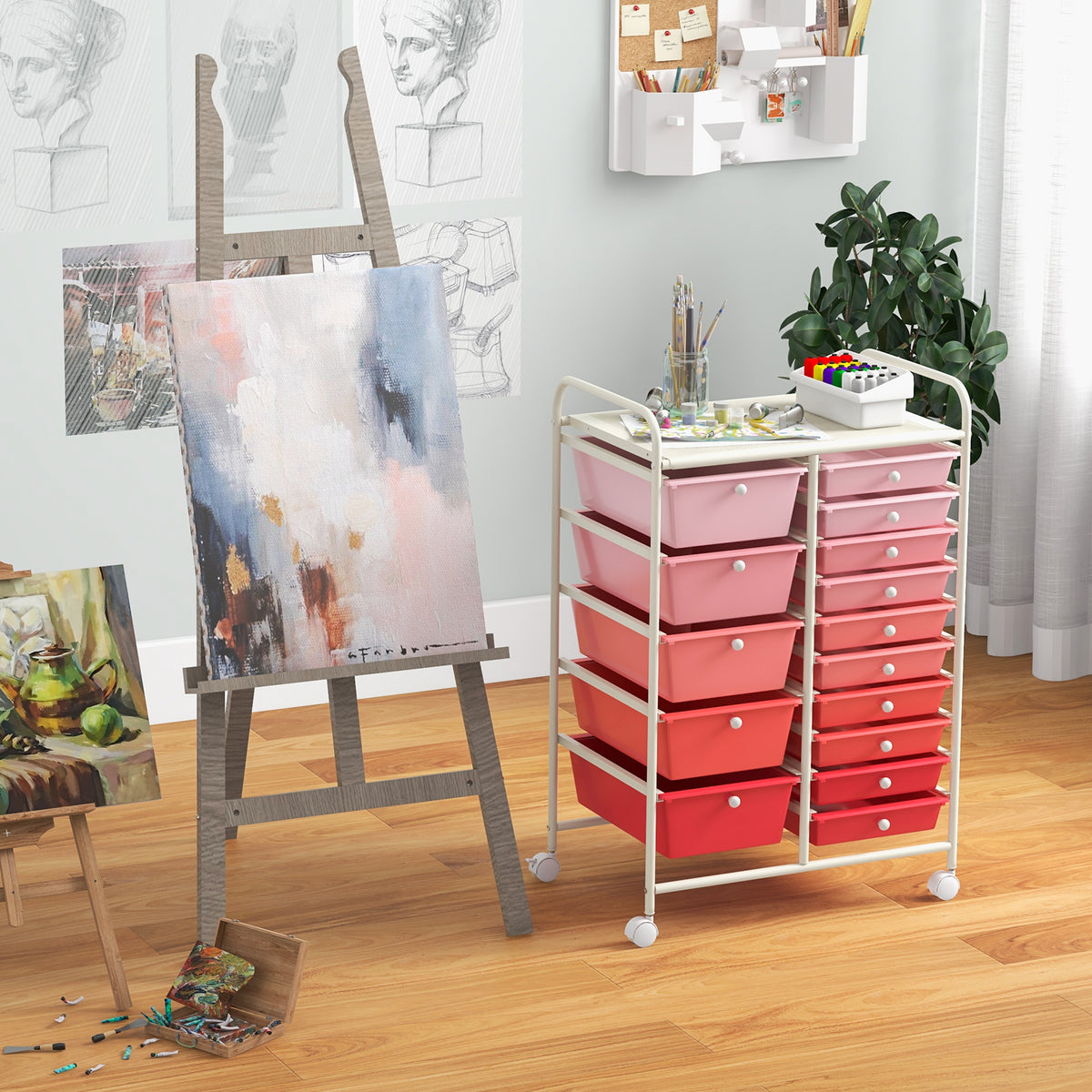 15 Drawer Rolling Storage Cart with 4 Wheels for Beauty Salon-Pink