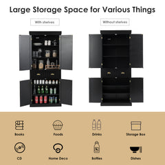 4-Door Tall Kitchen Cupboard Adjustable Shelves and Drawer-Black