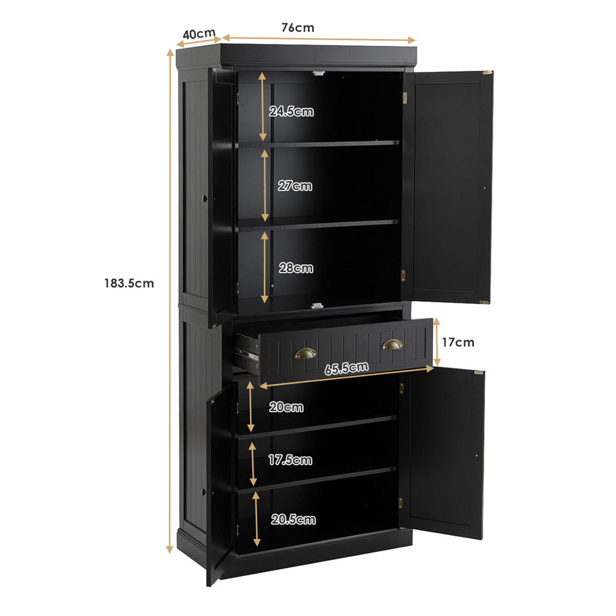 4-Door Tall Kitchen Cupboard Adjustable Shelves and Drawer-Black