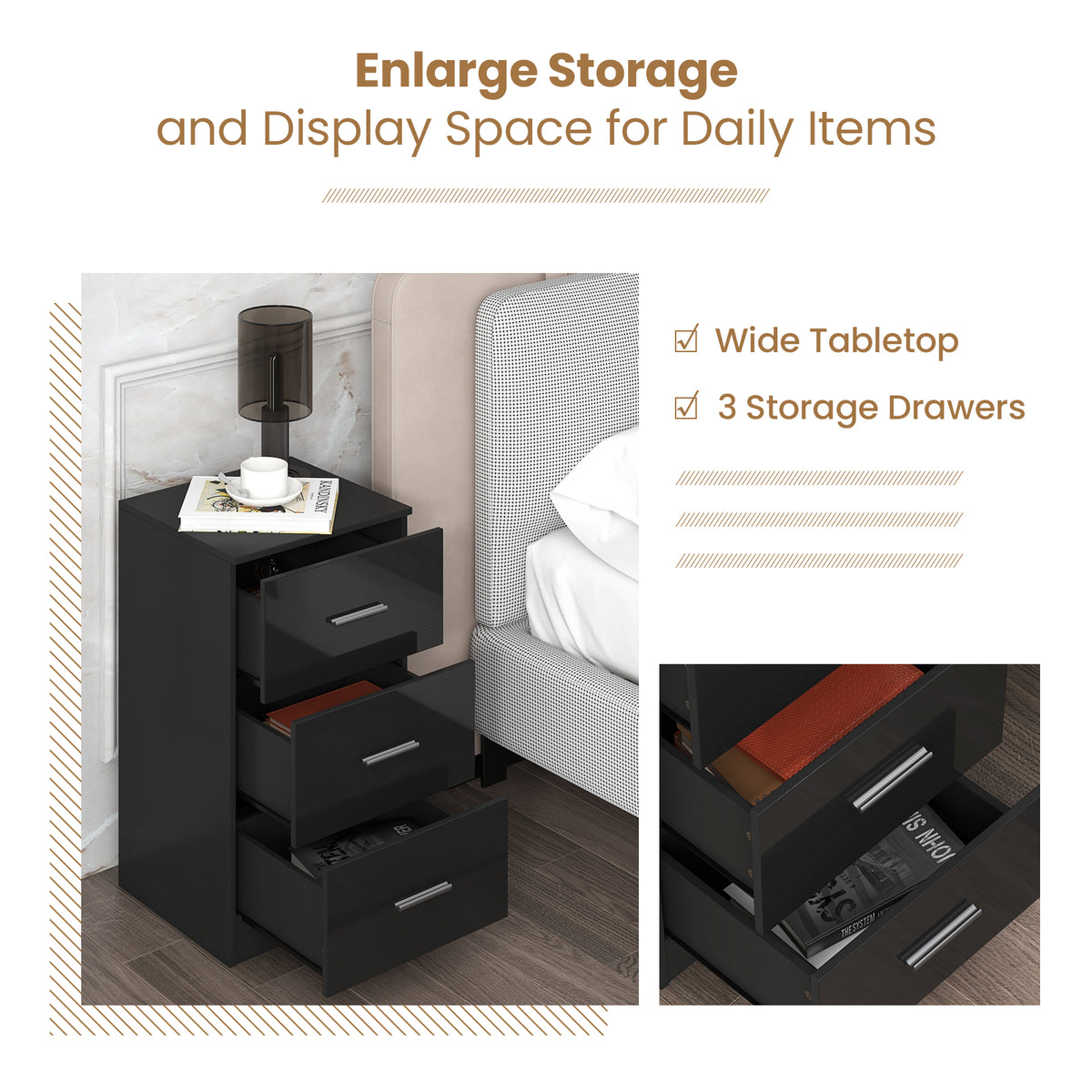 3-Drawer Wooden Dresser Cabinet with Anti-Toppling Device-Black