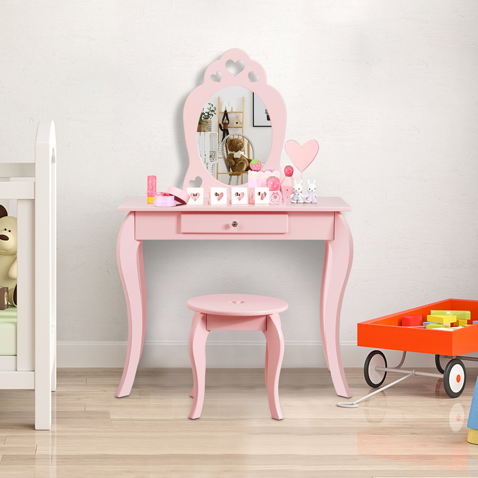 Kids Vanity Table and Stool with Removable Mirror and Drawer-Pink