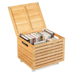 Bamboo Rolling Storage Box with 4 Wheels and Lid for Home-Natural