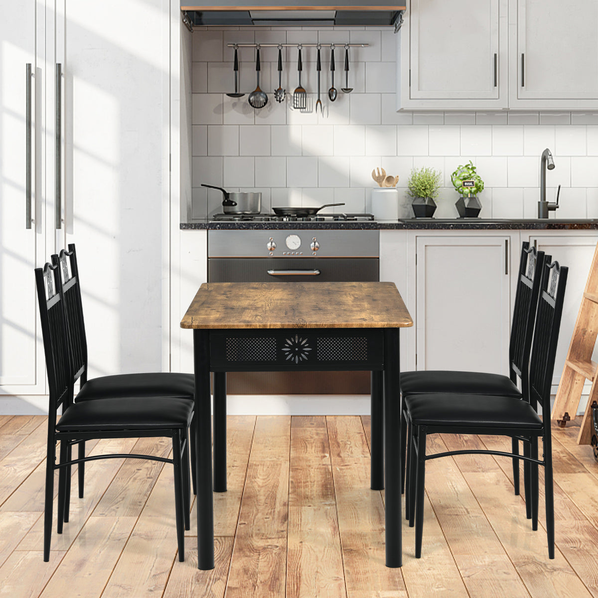 5 Pieces Kitchen Dining Table and Chair Set with Sponge Cushion-Natural