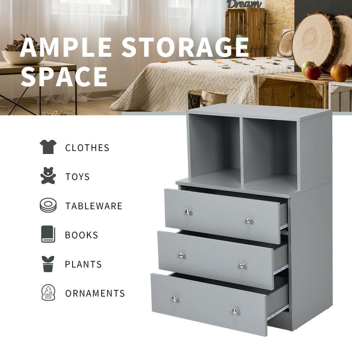 3-Drawer Dresser with 2 Open Compartments for Living Room Bedroom-Grey