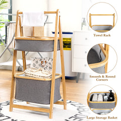 Bamboo Laundry Basket with Fabric Storage Bins-Natural