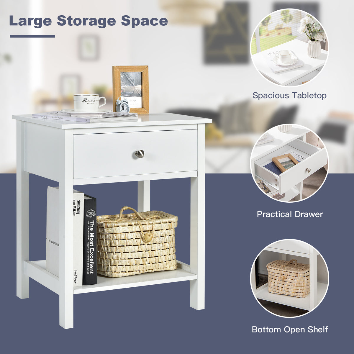 2 Pieces Wooden Nightstand with Drawer and Storage Shelf-White