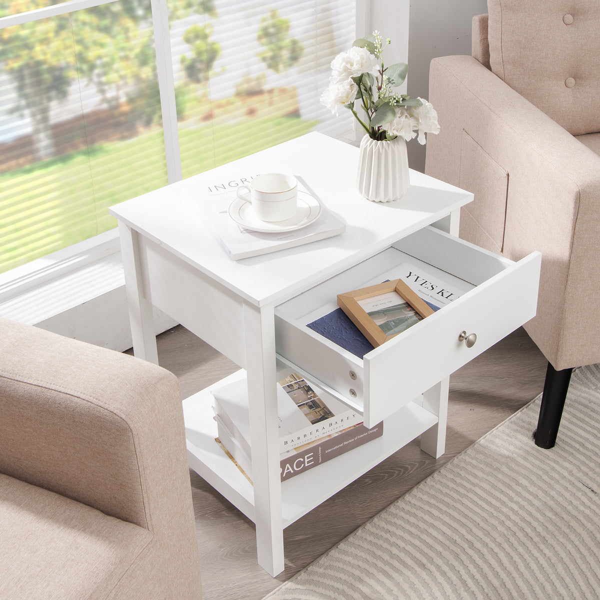 2 Pieces Wooden Nightstand with Drawer and Storage Shelf-White