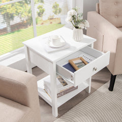2 Pieces Wooden Nightstand with Drawer and Storage Shelf-White