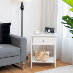 2 Pieces Wooden Nightstand with Drawer and Storage Shelf-White