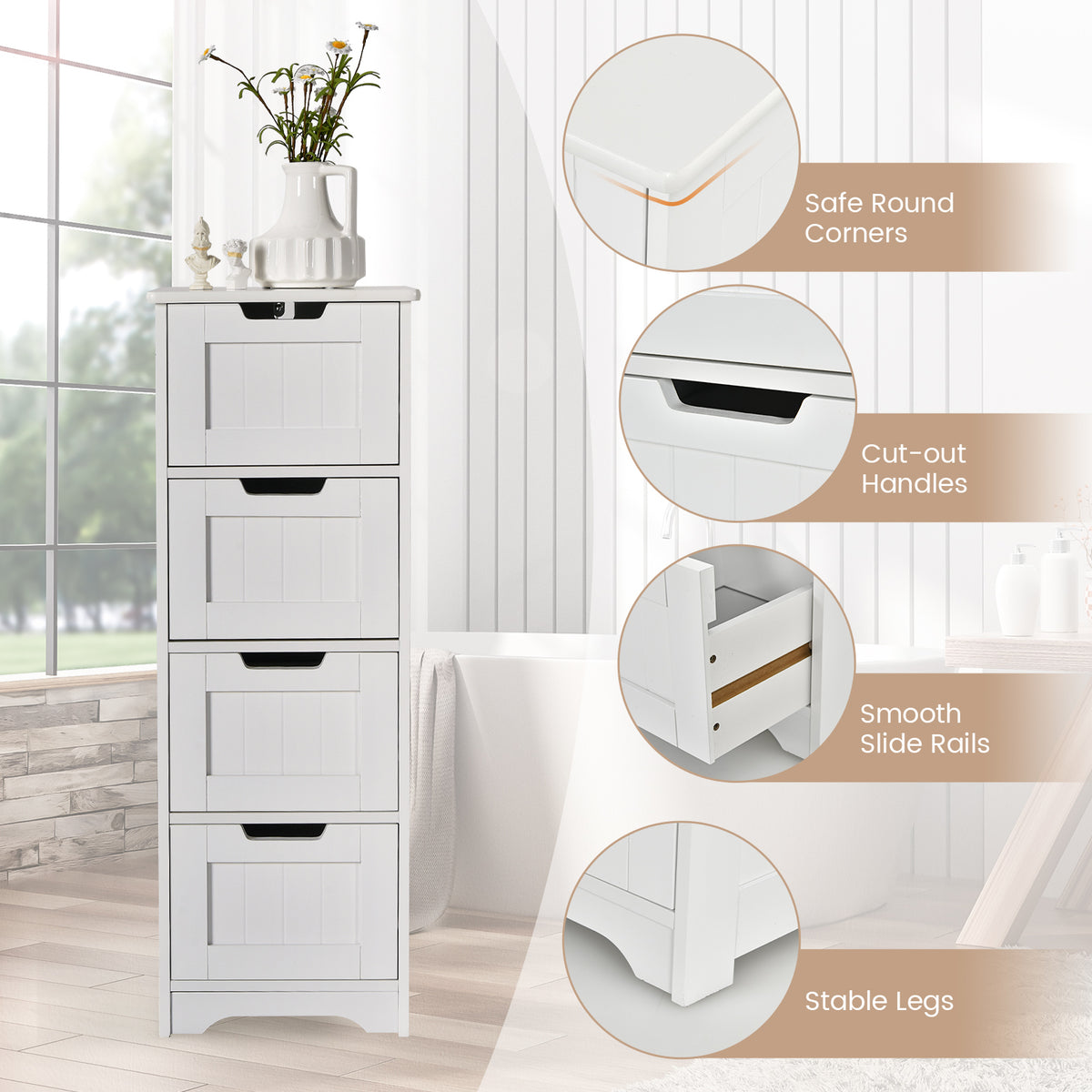 Floor Storage Cabinet Freestanding Bathroom Cabinet with 4 Drawers-White