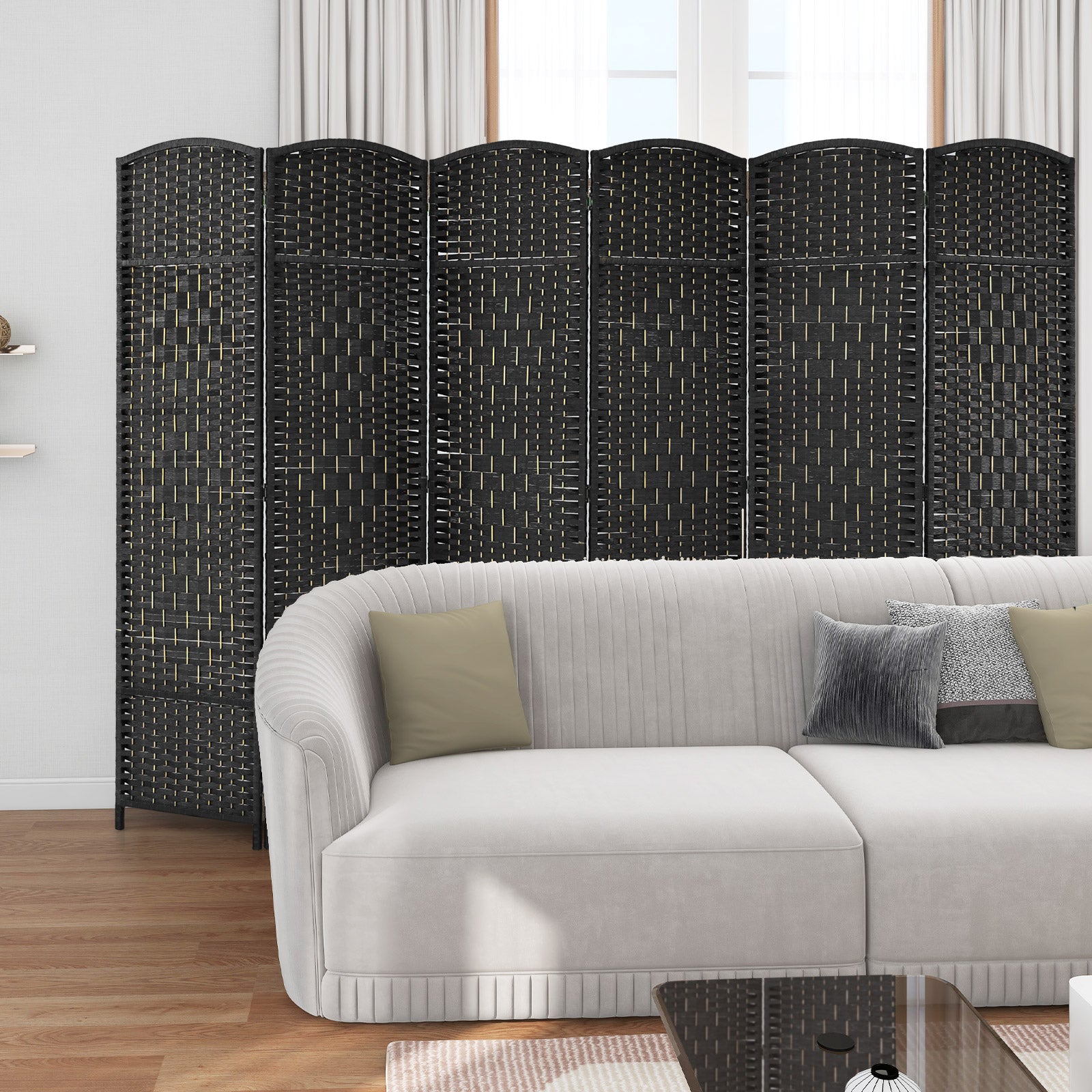 6 Panel Folding Room Divider with Hand-Woven Wicker for Home Office-Black